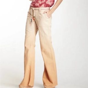 Free People Beige Ombre Linen Blend Bell Bottom Flare Pants